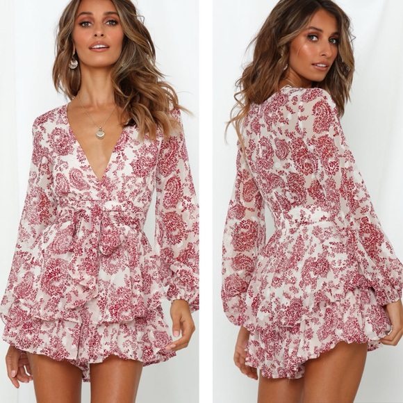 Hello Molly Pants - Floral Long Sleeved Romper One-piece Double Layer Ruffle Hem & Attached Belt